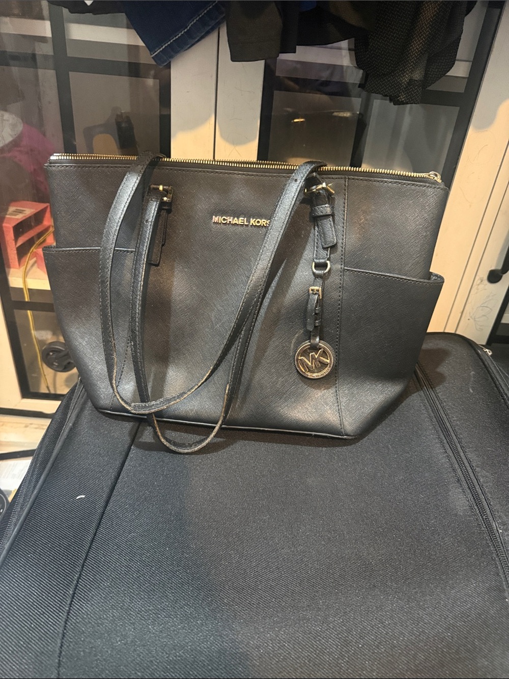 Michael Kors Black Saffiano Leather Tote with Gold Logo Charm